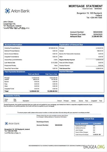 Modèle Word et PDF de relevé hypothécaire de la Banque Arion d'Islande